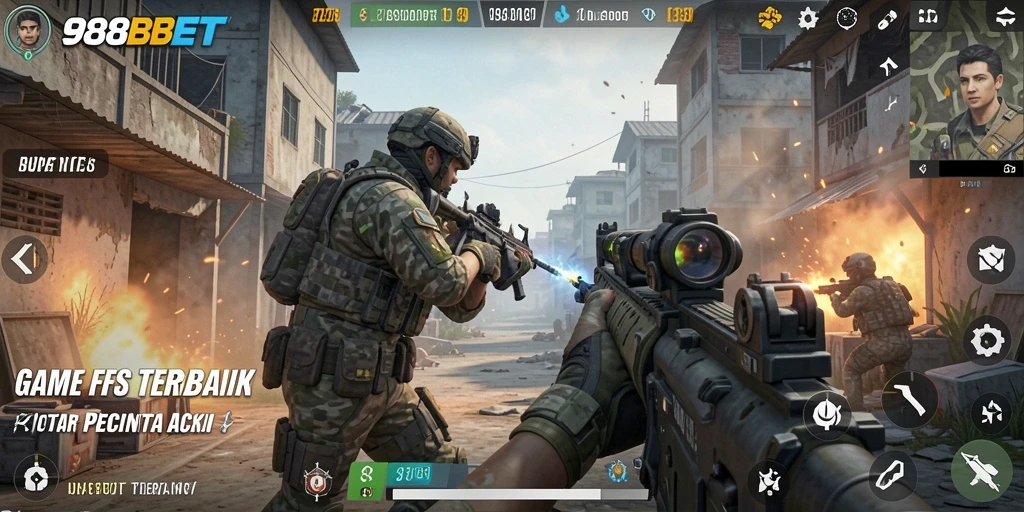 Tangkapan layar gameplay epic dari 988BET menunjukkan aksi FPS yang mendebarkan.