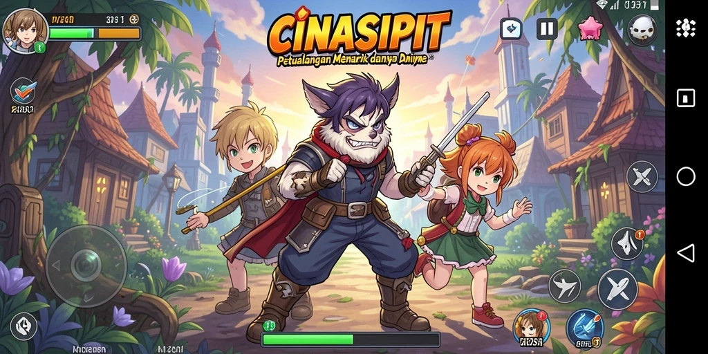 Tampilan gameplay CINASIPIT dengan karakter anime yang dinamis dan penuh warna.