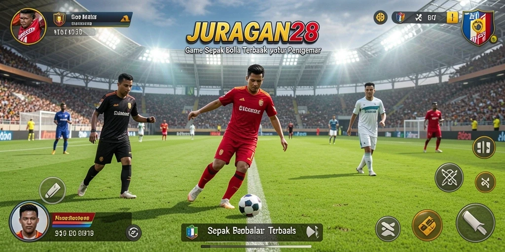 Screenshot gameplay JURAGAN28 menampilkan aksi seru di lapangan sepak bola.