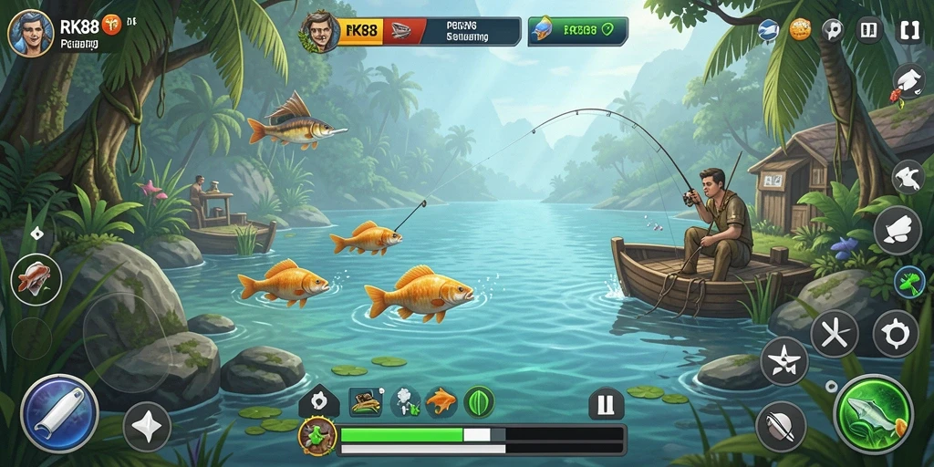 Tangkapan layar dari gameplay <strong>RK88</strong> menampilkan pemain dalam aksi memancing di lokasi indah.
