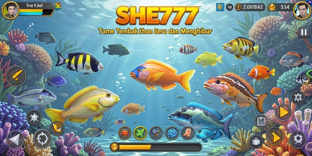 Tangkapan layar utama SHE777 menampilkan aksi seru gameplay Tembak Ikan.