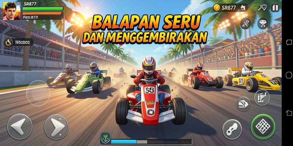 Screenshot gameplay SR877 menampilkan balapan yang menegangkan dan grafis memukau.