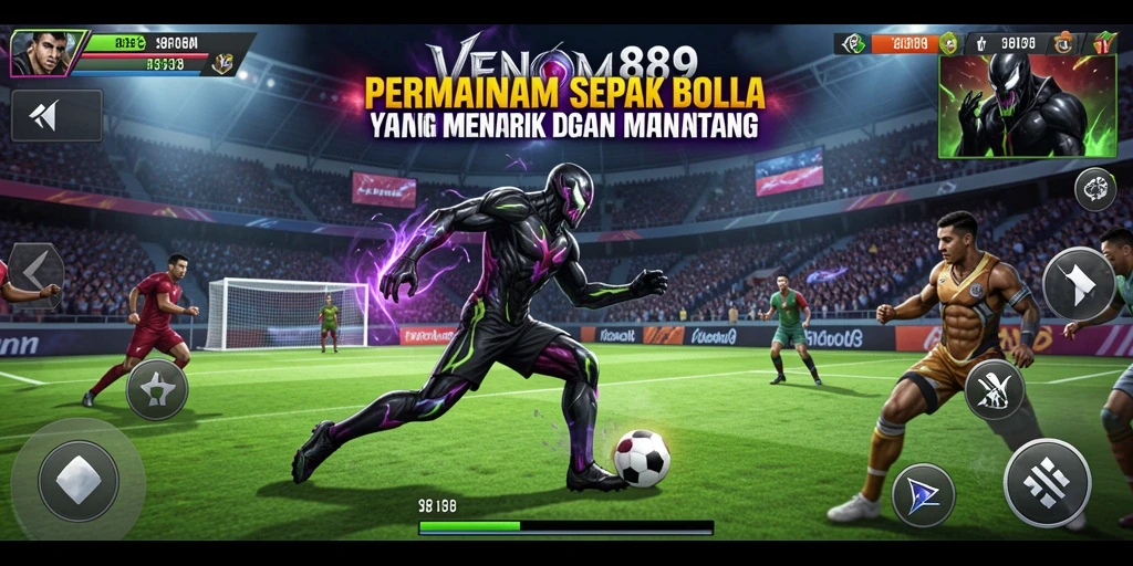 Tangkapan layar utama VENOM889 menampilkan aksi seru di lapangan sepak bola.
