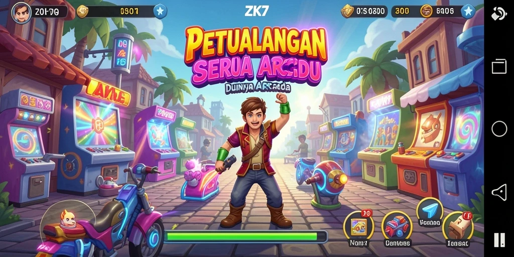 Screenshot utama ZK7 yang menunjukkan gameplay Arcade yang dinamis.